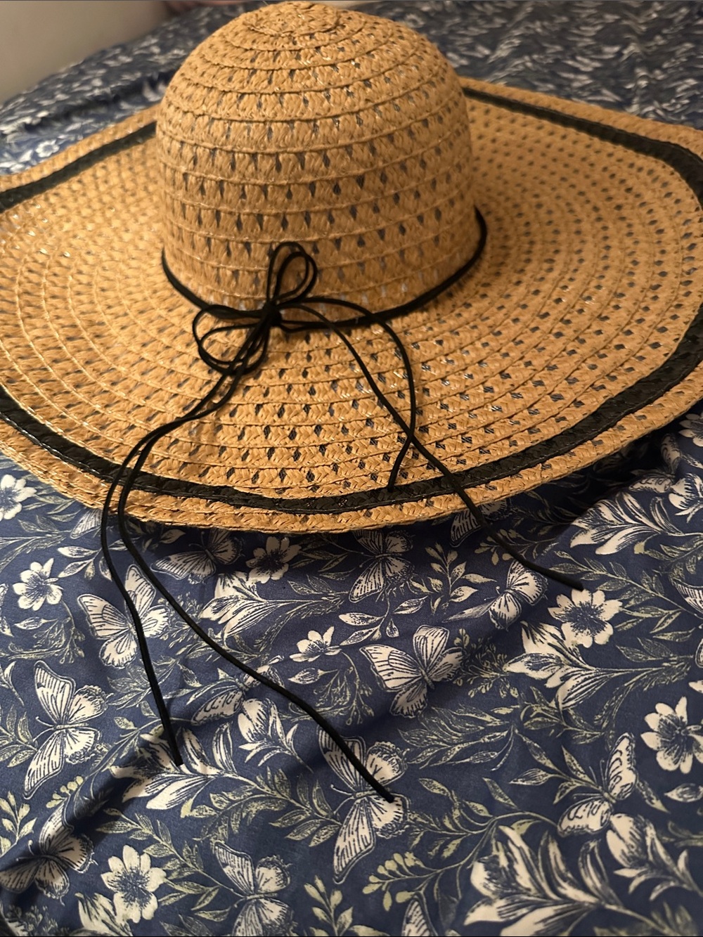 Straw Sun Hat with Black Trim and bow tie